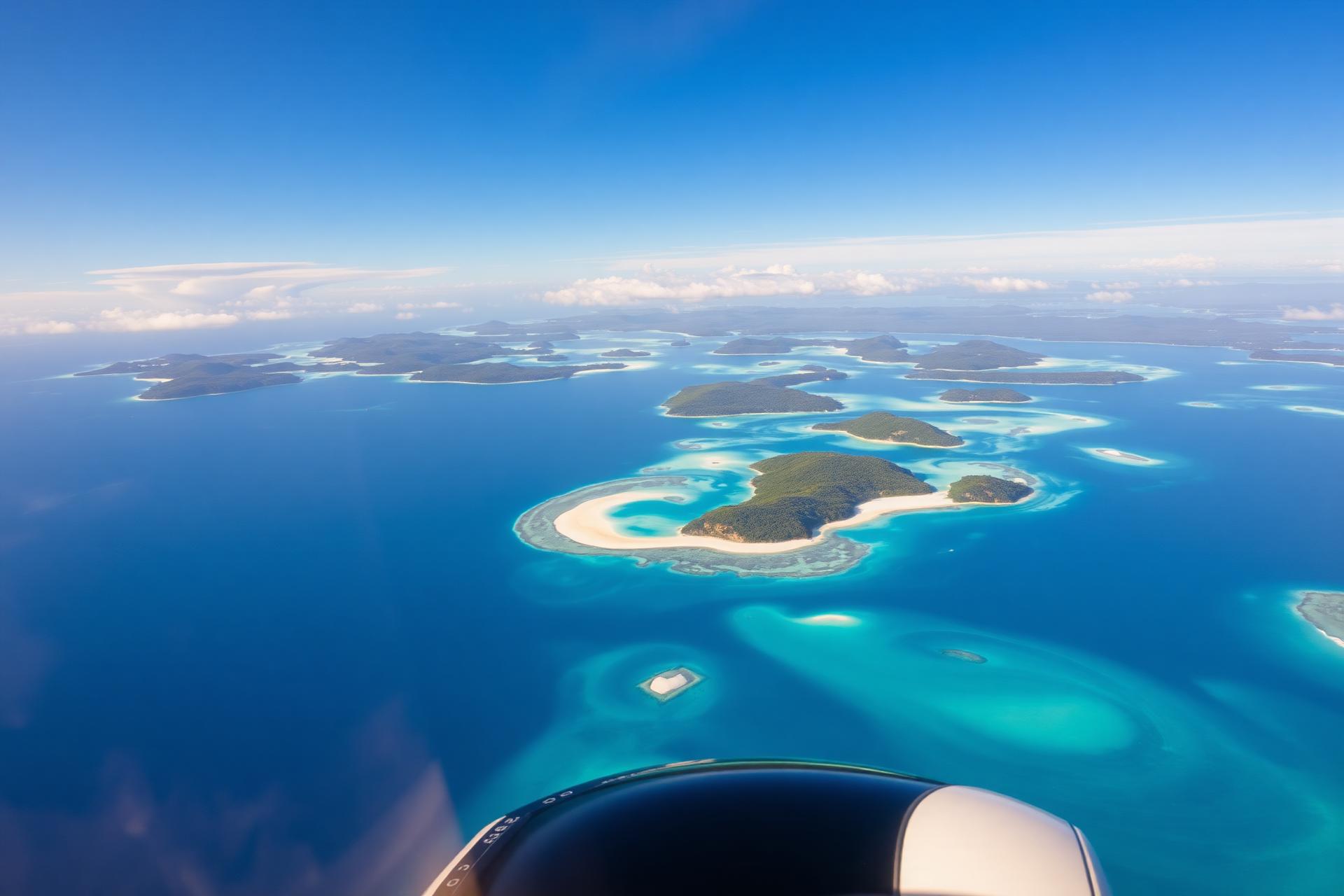 Aerial view of the Whitsunday Islands from a scenic plane window